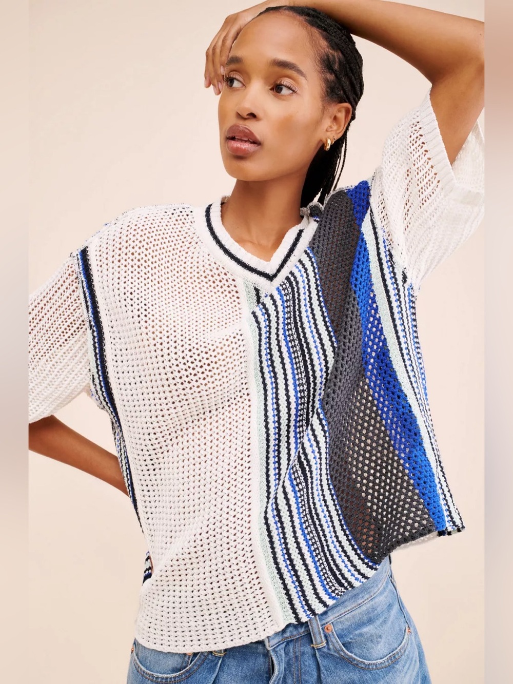 BDG Domino Sweater Tee Blue/White Stripe (M)
